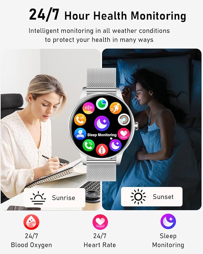 Smart Watch for Women, Answer/Make Call,1.27'' Touchscreen, 120+ Sports Modes Fitness Tracker, 24H Heart Rate/SpO2/Sleep/Menstrual Cycle/IP68 Fitness Watch for Android iOS, 4 Straps (Silver)