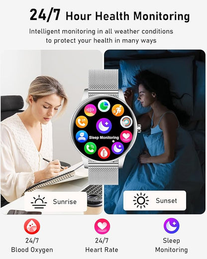 Smart Watch for Women, Answer/Make Call,1.27'' Touchscreen, 120+ Sports Modes Fitness Tracker, 24H Heart Rate/SpO2/Sleep/Menstrual Cycle/IP68 Fitness Watch for Android iOS, 4 Straps (Silver)