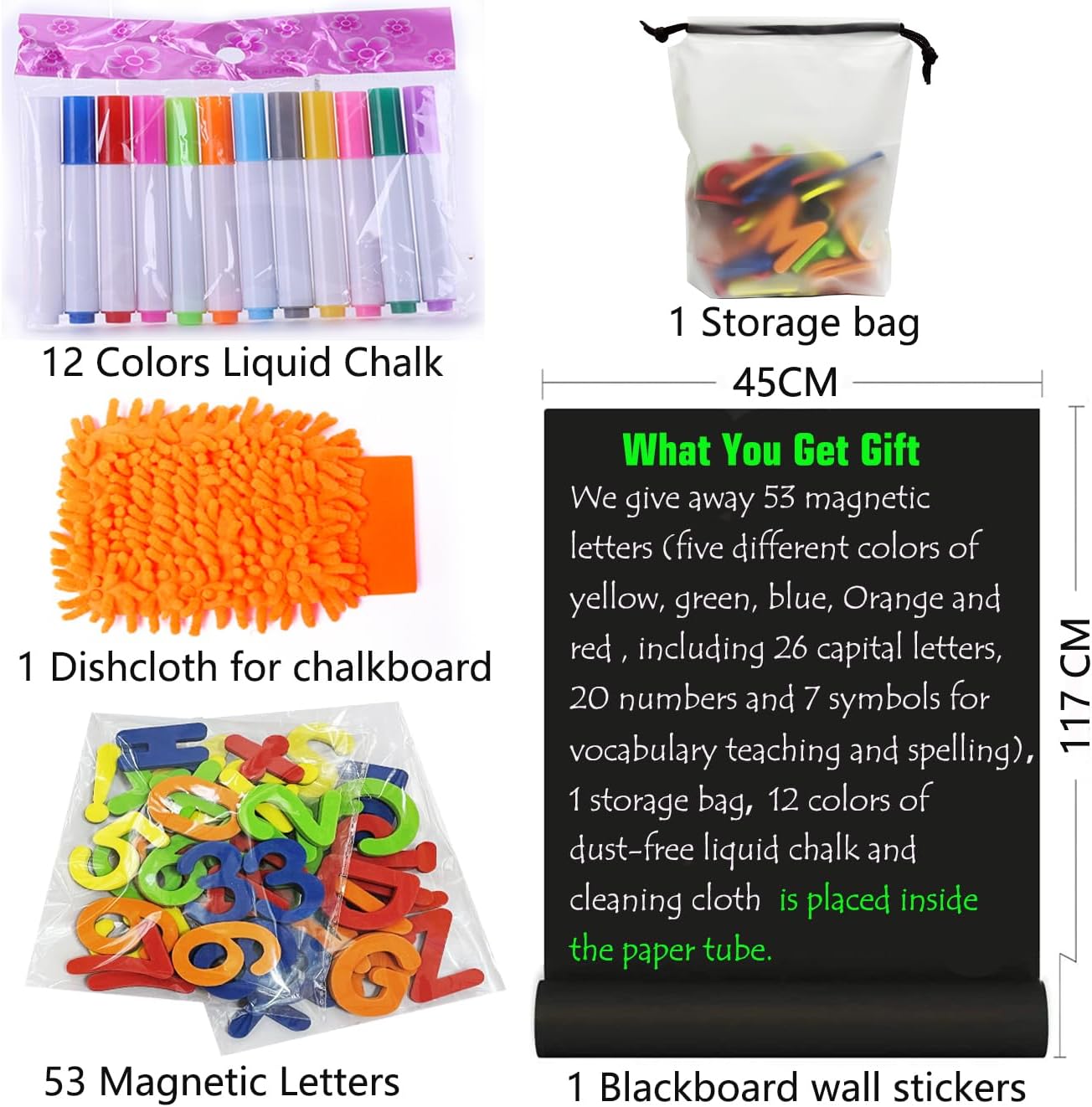 Magnetic Chalkboard Contact Paper for Wall 46.3"x18" Self Adhesive Magnetic Wall Board Sticker with 36 Magnet Letters for Kids Black Chalk Board Wallpaper Roll