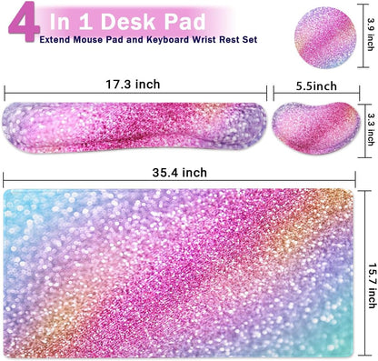 Large Keyboard Mouse Pad Set, Extended Mouse Pad+Keyboard Wrist Rest Support, Memory Foam Ergonomic Easy Typing, 4Pcs (35.4×15.9 in) Desk Pad Set for Home Office Study Game - Colorful