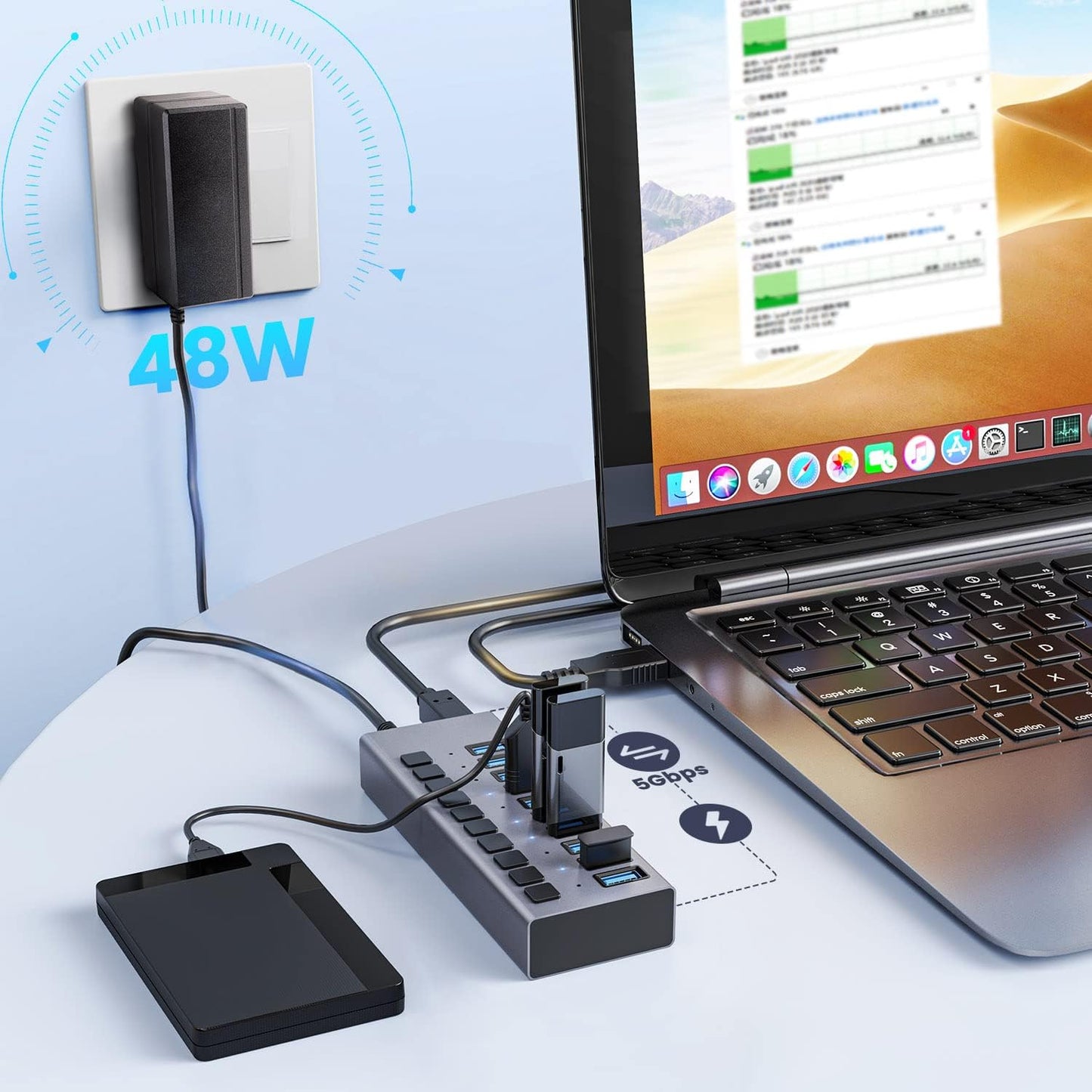 48W Powered USB Hub - ACASIS 10 Ports USB 3.0 Data Hub, Individual On/Off Switches, 12V/4A Power Adapter, Aluminum Housing, USB Splitter for PC, Computer, Mobile HDD, Flash Drive