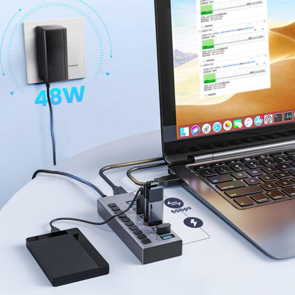 48W Powered USB Hub - ACASIS 10 Ports USB 3.0 Data Hub, Individual On/Off Switches, 12V/4A Power Adapter, Aluminum Housing, USB Splitter for PC, Computer, Mobile HDD, Flash Drive