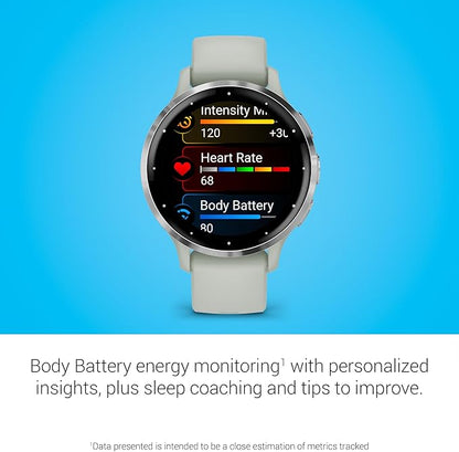 Garmin Venu 3S Running GPS Smartwatch with AMOLED Display, Advanced Health, Fitness Features, Up to 14 Day Battery Life with Signature Power Bundle | Silver with Sage Gray Silicone Band