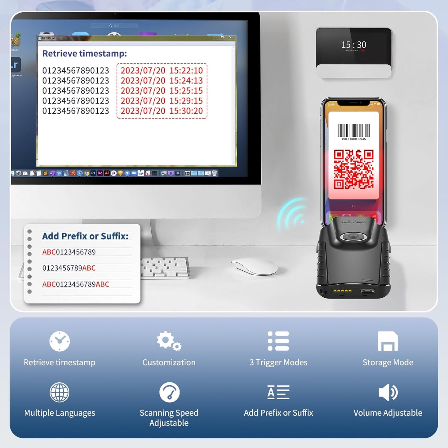 NETUM Bluetooth 2D Barcode Scanner, 3-in-1 Small Portable QR Bar Code Reader Automatic Wireless Gun Scan Back Clip Work with Tablet iOS Android Windows MacOS for Warehouse Inventory POS (2D - E800)