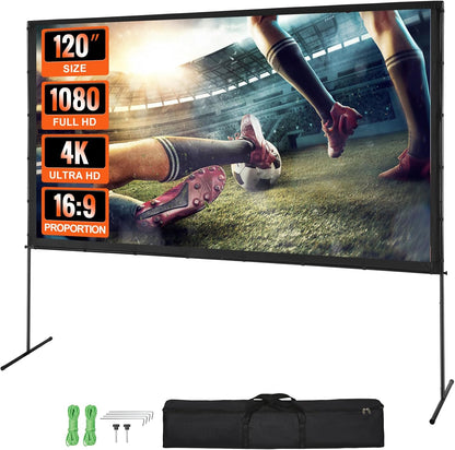 VEVOR Projector Screen with Stand, 120 inch 16:9 4K 1080 HD Outdoor Movie Screen with Stand, Wrinkle-Free Projection Screen with Bar Feet and Carry Bag, for Home Theater Cinema Backyard Movie Night