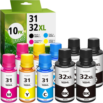 31 Ink 32XL Black Ink Bottle Set for Smart Tank 7602 6001 5101 7301 Ink Refill Compatible with HP 31 Ink 32XL Black Ink Bottle Set for Smart Tank 651 5000 5103 7001 5102 7002 7006 Printers, 10 Pack