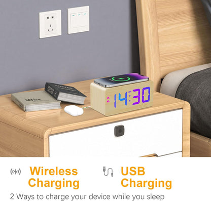 Wooden Digital Alarm Clock with Fast Wireless Charger, Dual USB Charging Ports, DST, Dimmable, Snooze, RGB Large Number Display LED Clock for Bedrooms, Living Room, Desk, Table, Bedside(Bamboo)
