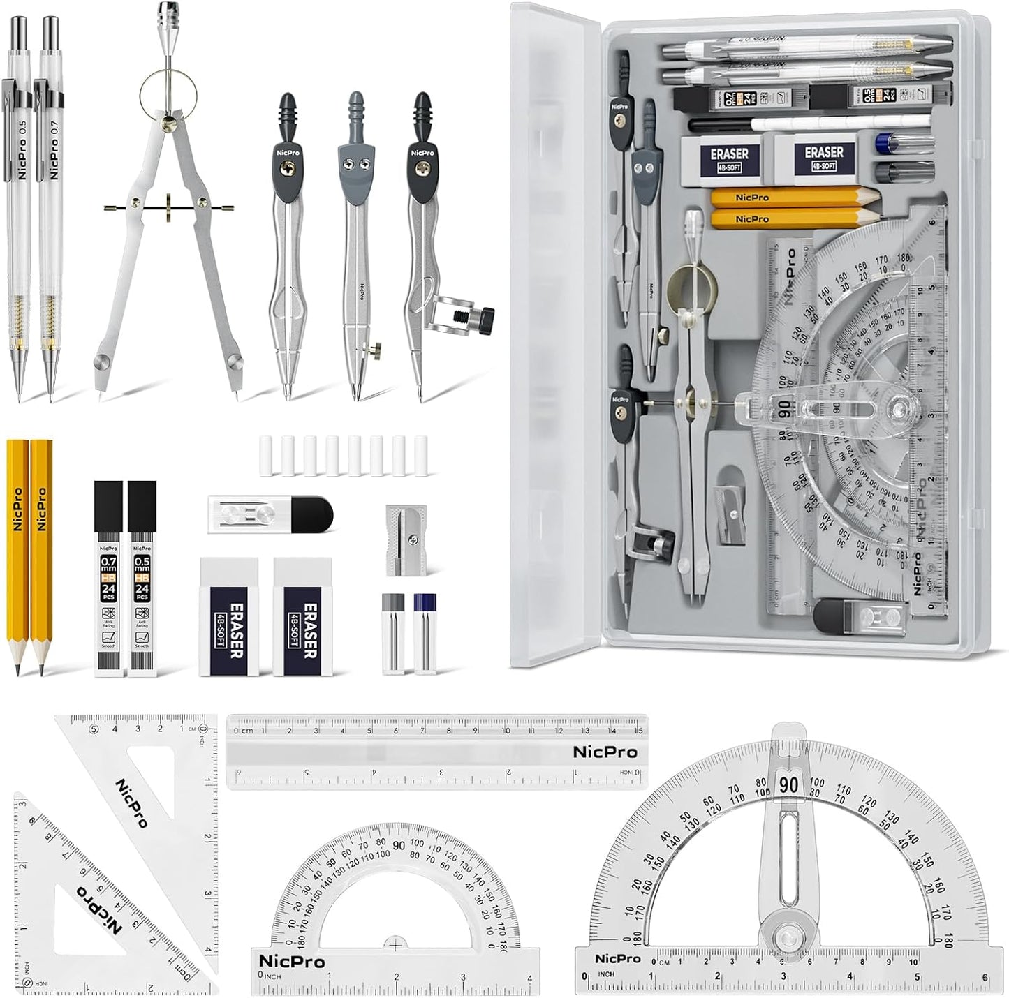 Nicpro 22 PCS Compass Geometry Tools with Case, Drafting Tools Geometry Set with Swing Arm Protractor, Rulers, Metal Compass, Divider, Square Set, Pencil, Back to School Supplies for Students Kids