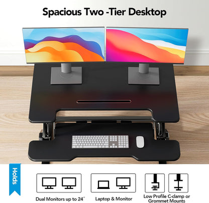 HUANUO 36" Z Shaped Stable Electric Standing Desk Converter, Height Adjustable Sit Stand Up Desk Riser, Dual Monitor and Laptop Workstation with Wide Keyboard Tray, Desk Lifter for Home Office