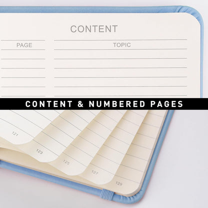 RETTACY Lined Journal Notebook, 192 Numbered Pages, A5 Medium Size (5.7'' x 8.3''), for Men & Women, Journaling, Writing, Work & Office, Leather Hardcover, 100 GSM Thick Paper (Light Blue)