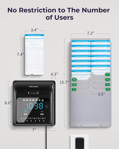 Volcora Time Clock for Employees with 150 Time Cards, 1 Ink Ribbon, 1 Rack, Punch Time Clocks Machine for Small Business with Backup Battery, Punch Clock No Key and Network Need, for Office, Retail