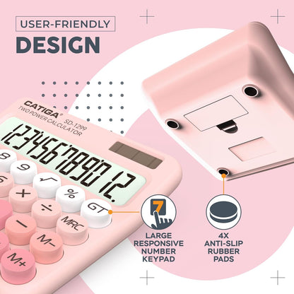 CATIGA Mechanical Switch Calculator with Solar and Battery Dual Power, 12-Digit Large LCD Display, Aesthetic and Cute Desktop Calculator with Big Button, for Home, School and Office Use, SD-1299