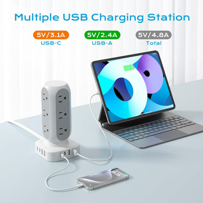 Tower Power Strip with Surge Protection, Flat Plug Outlet Extender with 12 AC Outlets & 8 USB Ports, 5 FT Extension Cord with Multiple Outlets, 24W Total Charging Station for Home Office Dorm Room