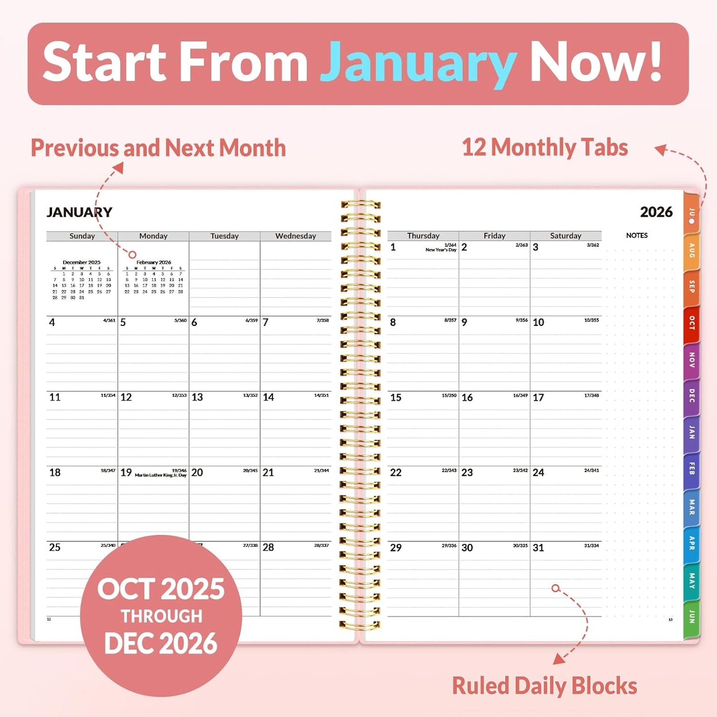 SUNEE 2026 Weekly and Monthly Planner - from January 2026 - December 2026, 8.5"x11" Daily Agenda Planner with Monthly Tab, Flexible Cover, Note Pages, Pockets, Bookmark, Spiral Binding, Pink