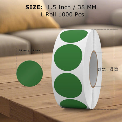 1000 PCS Green Dots Stickers 1.5 Inch Vinyl Color Coding Round Sticker Removable Writable Circle Labels Roll for Inventory Office Classroom