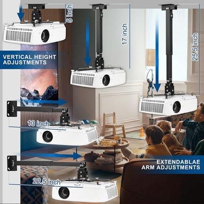 3-in-1 Projector Mount Wall/Ceiling Projection Bracket, Universal Height Adjustable Hanging Mount Bracket Holder with Extension Pole for Home and Office Projector