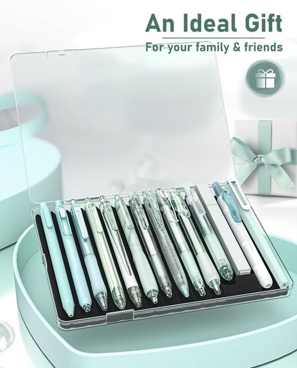 Four Candies 14Pack Pastel Gel Ink Pen Set,Cute Retractable 0.5mm Fine Point Pen,Note Taking Aesthetic Pens,12 Pack Black Ink Pens with 2Pack Highlighter, Smooth Writing Pens for School, Office(Green)