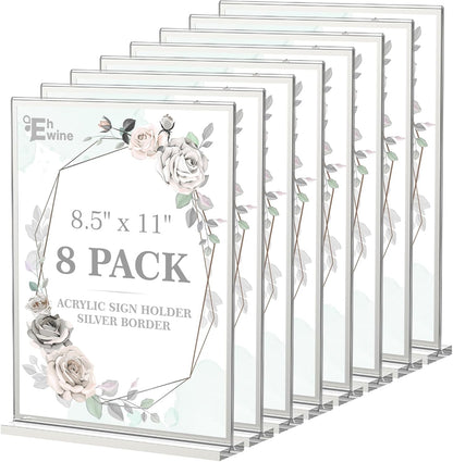 EHWINE 8 Pack Acrylic Sign Holder 8.5 x 11, Double-Sided Tabletop Silver Sign Holder, Clear Acrylic Picture Frame Menu Flyer Paper Holder Display Stand for Home Wedding Party (with Non-Slip Pads)