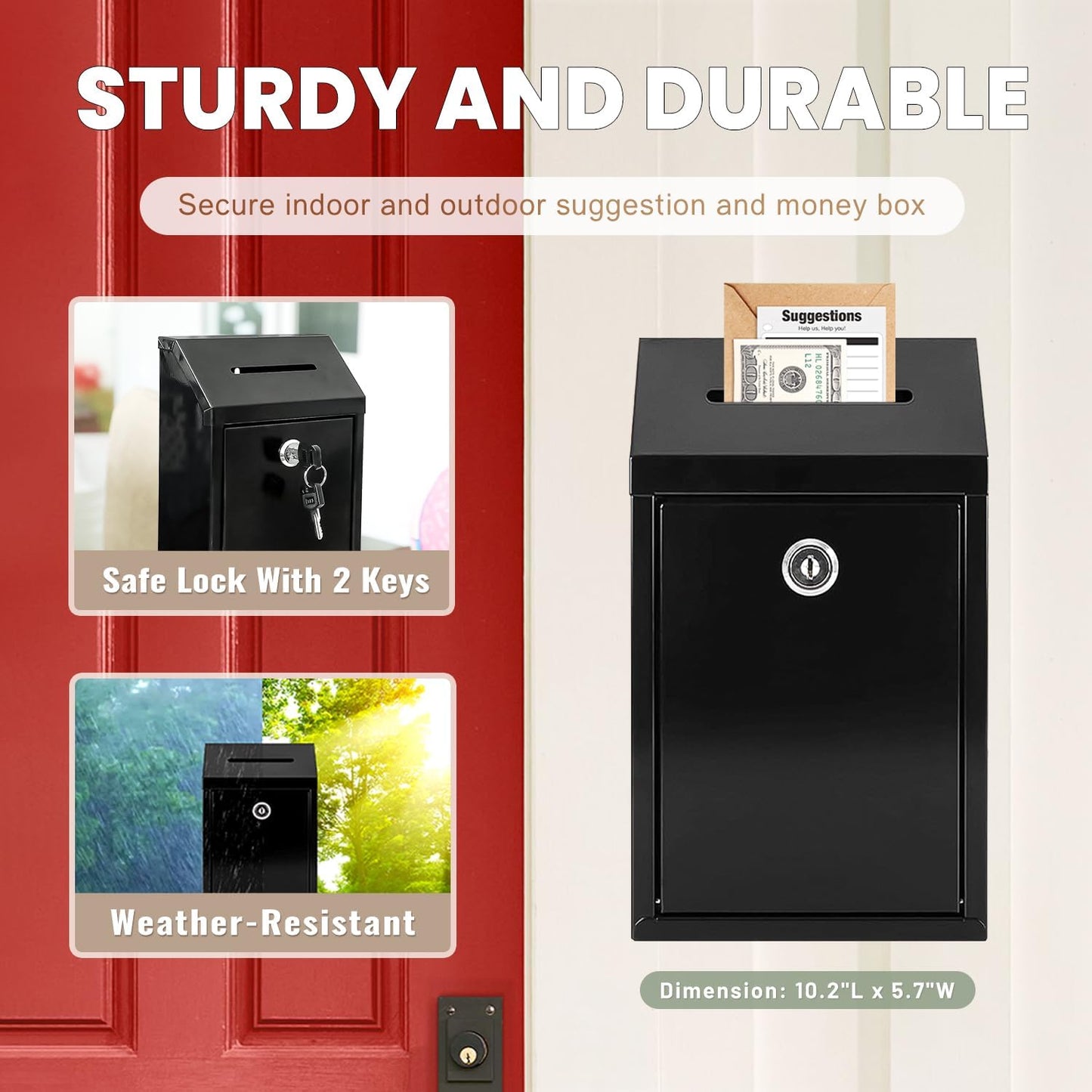 Metal Donation Money Cash Drop Box with Lock and Slot Suggestion Box Wall Mounted Ballot Container Mailbox Delivery for Home Office (Black, 10.24″ x 5.71″ x 2.95″)