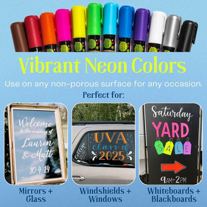 Liquid Chalk Markers Neon 12 Pack. Bold Wet & Dry Erase Marker Pens. Erasable and Washable Chalkboard Markers for Windows, Mirrors, Glass, Whiteboards. Reversible Thick and Fine Tip.