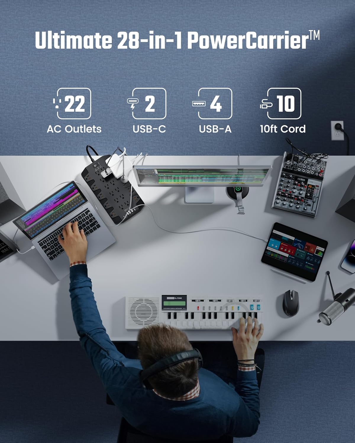 10 Ft Extension Cord Power Strips with Surge Protection, SUPERDANNY Surge Protector with 22 Outlets, 2 USB-C and 4 USB-A, 2100J, 10Ft Flat Plug Heavy Duty Extension Cord (1875W/15A) for Home, Office