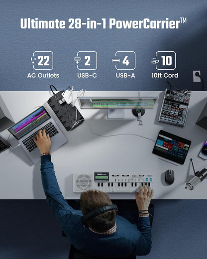 10 Ft Extension Cord Power Strips with Surge Protection, SUPERDANNY Surge Protector with 22 Outlets, 2 USB-C and 4 USB-A, 2100J, 10Ft Flat Plug Heavy Duty Extension Cord (1875W/15A) for Home, Office