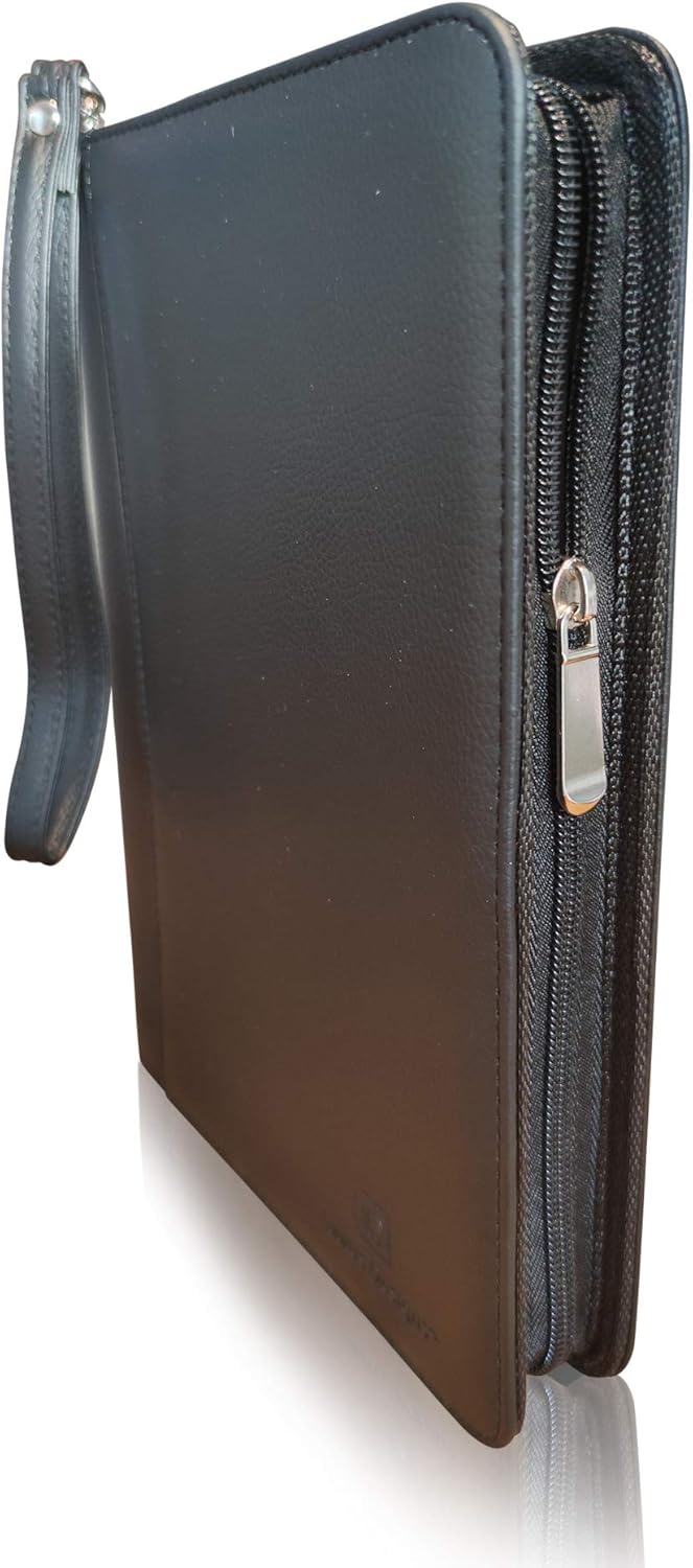 Zippered Portfolio Binder with Junior Legal 5x8 Notepad - Matt Black PU Faux Leather Business Padfolio Organizer Folder with 8 Inch Tablet Sleeve & Gift Box by Lautus Designs