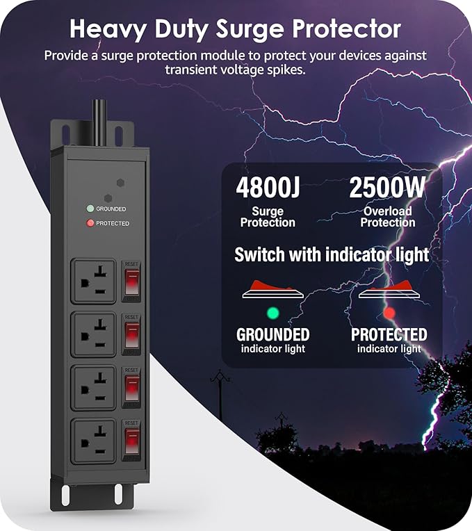 CCCEI Heavy Duty Surge Protector Power Strip 20 Amp Individual Switches. 15FT 12 Gauge Extension Cord with Multiple Outlets. Kitchen, Garage, Shop, Industrial Wall Mount Electric Extender, Black.