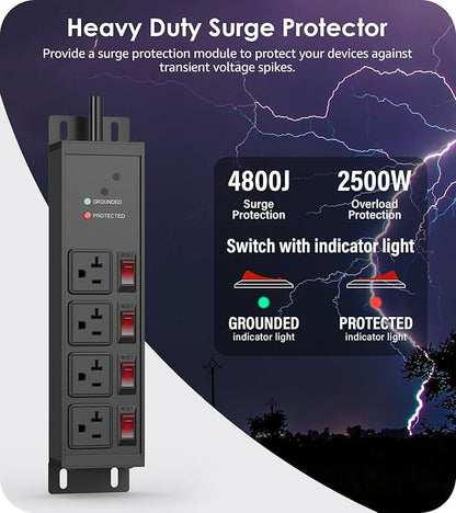 CCCEI Heavy Duty Surge Protector Power Strip 20 Amp Individual Switches. 15FT 12 Gauge Extension Cord with Multiple Outlets. Kitchen, Garage, Shop, Industrial Wall Mount Electric Extender, Black.