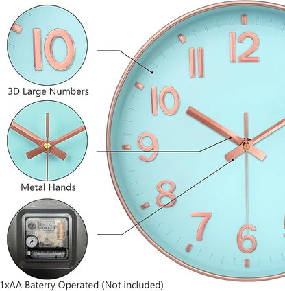Wall Clocks Battery Operated, 12 Inch Non Ticking Digital Wall Clock, Silent Analog Clock for Bedroom Living Room Kitchen Office Gym Classroom, Large Number Clocks for Seniors Elderly, Blue