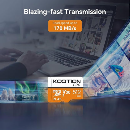 KOOTION 512GB Micro SD Card Up to 170MB/s, microSDXC UHS-I Memory Card, C10, U3, A2, V30, Full HD, 4K UHD, TF Card for Drones/Gaming Console