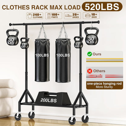 Heavy Duty Clothes Rack Load 520LBS, Adjustable Rolling Clothing Rack with Sturdy Wheel, Metal Industrial Closet Garment Racks for Hanging Clothes Coat, Portable for Bedroom, Laundry Living Room