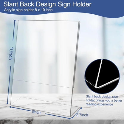 Slanted Back Acrylic Sign Stands 8 x 10, Clear Tabletop Display, Plastic Paper Sign Holder for Office, Home, Restaurant (6 Pack)