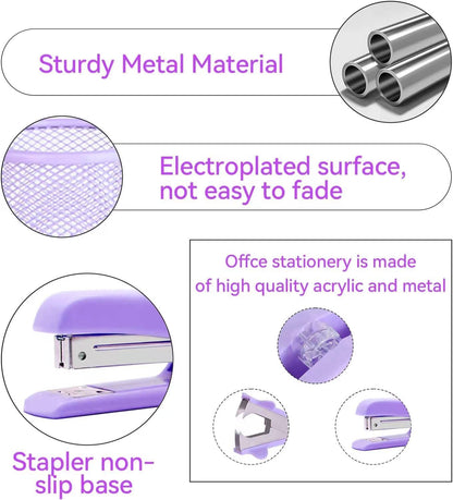 Purple Desk Accessories, Pink Office Supplies Set with Stapler, Tape Dispenser, Staple Remover, Pen Holder, Scissor, Binder/Paper Clips, Ballpoint Pen, Clear Tape and 1000pcs Staples