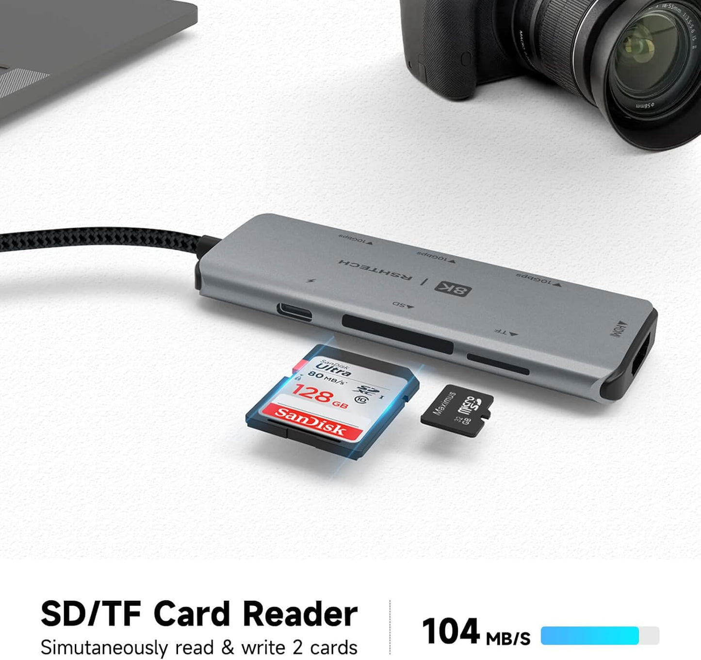 RSHTECH USB C Hub 7-in-1 Multiport Adapter with 8K HDMI, 10Gbps USB-C and 2 USB A Data Ports, 100W Power Delivery, SD/TF Card Reader, Aluminum USB 3.1/3.2 Gen 2 Hub Dongle for PC and Laptop, RSH-T02