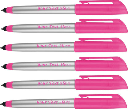 Personalized Pens with Highlighter and Stylus -250 Pack Bulk-Free Imprint - 3 In Highlighter, Ballpoint Pen, and Stylus Combo- add Custom Business Name, Logo or Gift Message- Pink