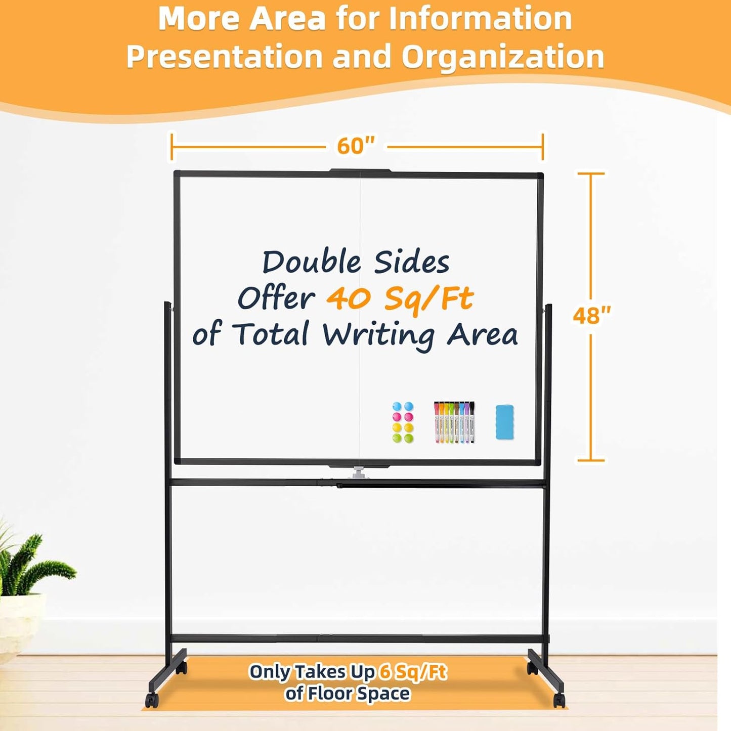 WALGLASS Rolling Whiteboard on Wheels, 60"x48" Double-Sided Dry Erase White Board with Stand, Large Magnetic Whiteboard, Big Portable Standing Black Boards for Office, School, Home, Classroom 5x4 ft