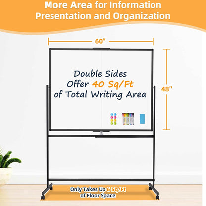 WALGLASS Rolling Whiteboard on Wheels, 60"x48" Double-Sided Dry Erase White Board with Stand, Large Magnetic Whiteboard, Big Portable Standing Black Boards for Office, School, Home, Classroom 5x4 ft