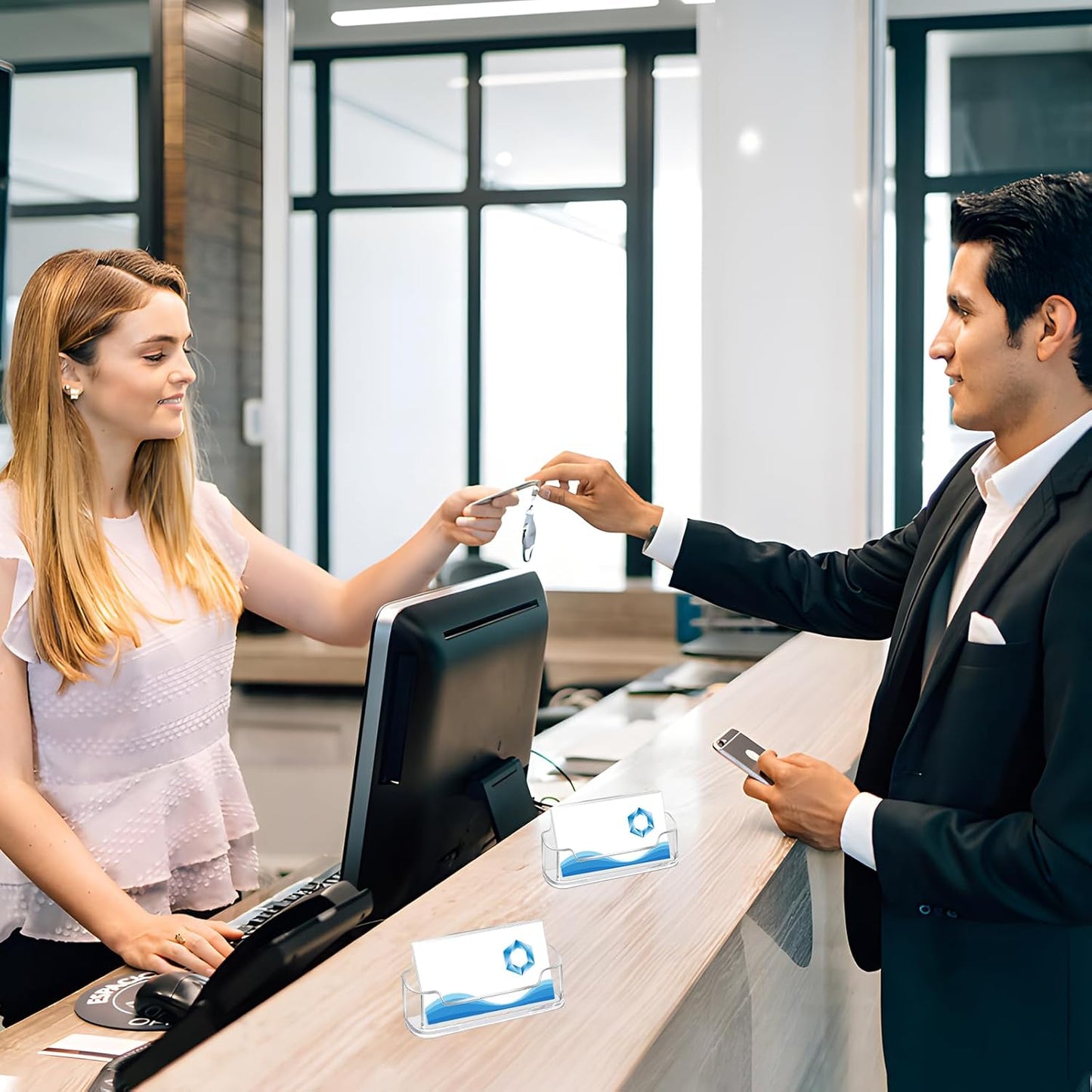 Mototo Acrylic Business Card Holder for Desk, 20 Pack Plastic Business Card Display Clear Business Card Holder Desktop Cards Stand for Home Office Exhibition Desk Table, Fits 30-50 Business Cards