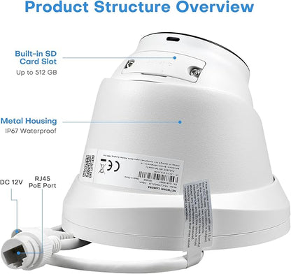 4K IP Camera Turret 8MP PoE Camera Outdoor, Security Camera with Human Vehicle Detection,98ft Color Night Vision,2.8mm 115° Wide Angle Lens,Built-in Mic,512GB Card Slot