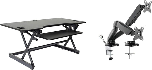 Rocelco 46" Large Height Adjustable Standing Desk Converter with Dual Monitor Mount Arm BUNDLE - Quick Sit Stand Up Computer Workstation Riser - Retractable Keyboard Tray - Black (R DADRB-46-MA2)