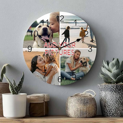 Custom 4 Picture Wall Clock, Personalized Round Clock add Your Photo for Kitchen Bedroom Living Room, Customized Christmas Valentine's Day Gift for Couples, Wife, Husband (10", 12", 14")