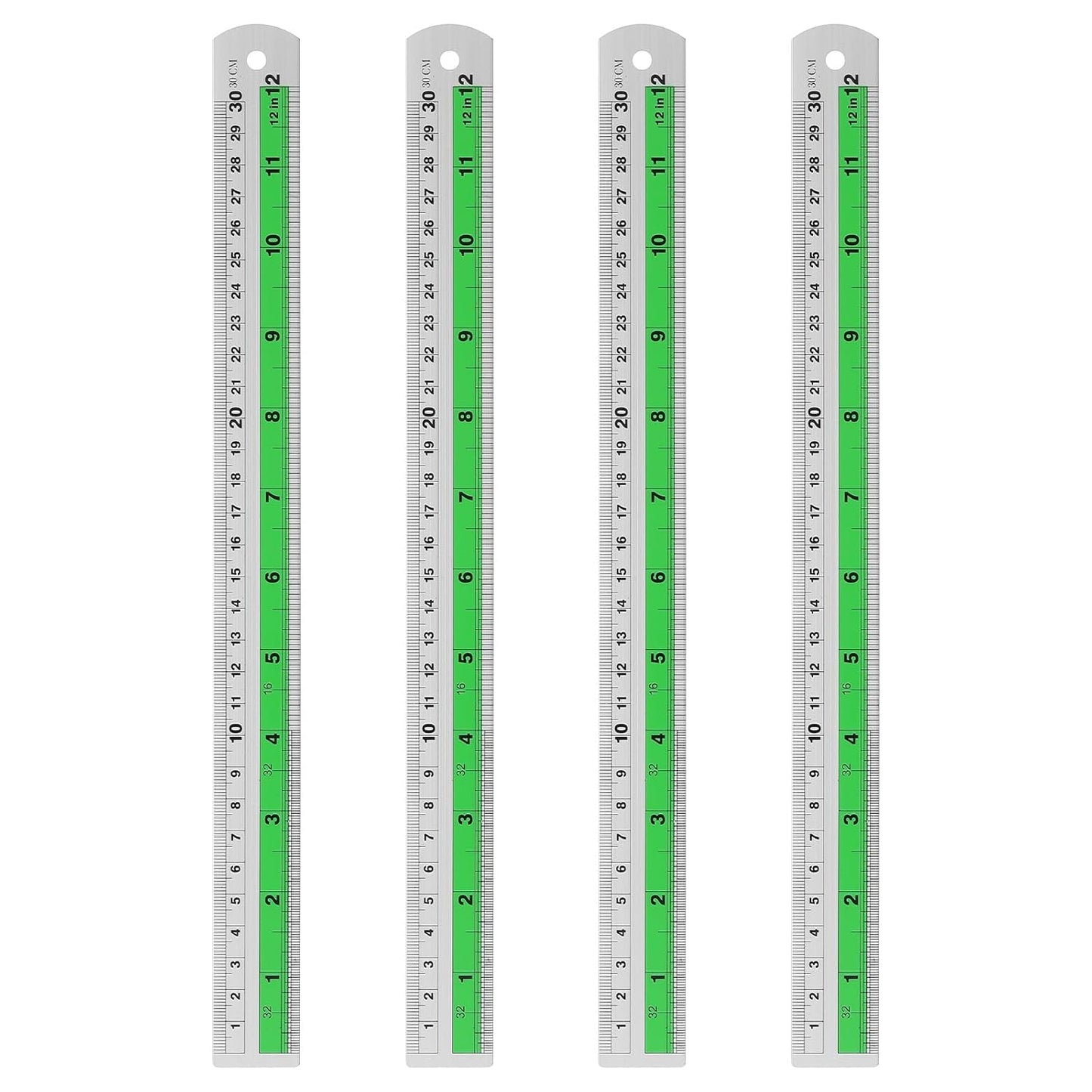 HARFINGTON 4pcs Metal Straight Ruler 30cm Metric SAE Aluminum Alloy Measuring Rulers Scale Tool with Hole for Measure Study Reading Classroom Office, Green