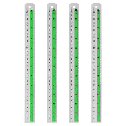 HARFINGTON 4pcs Metal Straight Ruler 30cm Metric SAE Aluminum Alloy Measuring Rulers Scale Tool with Hole for Measure Study Reading Classroom Office, Green