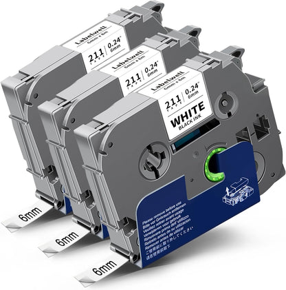 6mm 0.23 Inch Laminated White Compatible with P Touch TZe-211 TZe211 TZ Tape Refills for P Touch PT-H110 D200 D210 D220 D400 Label Maker (Black on White, 3-Pack)