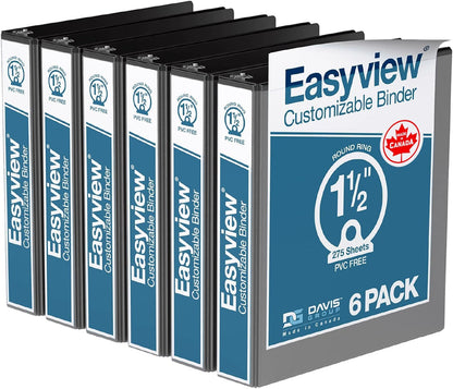 Easyview Premium 3-Ring Binders with Clear-View Covers and Round Rings, Binders for School or Office, 1.5 Inch, Pack of 6, Black