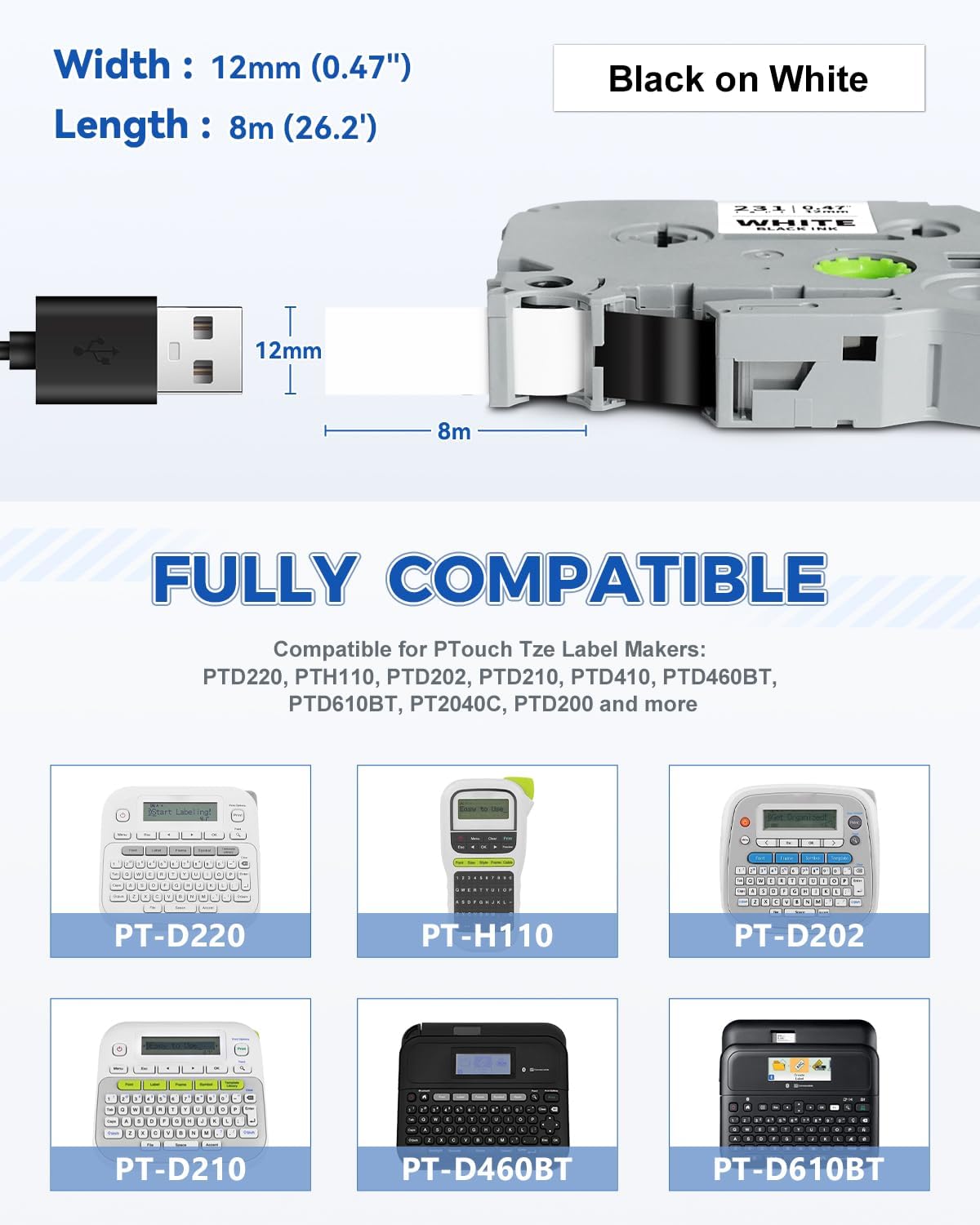 10-Pack Tze Tz Label Tape 12mm 0.47" Black on White Compatible for Brother 12mm Label Tape P Touch 12mm 0.47" White Label Maker Tape for PT-D220 PT-D210 PT-D200 PT-2430 PT-1890 PT-D610BT
