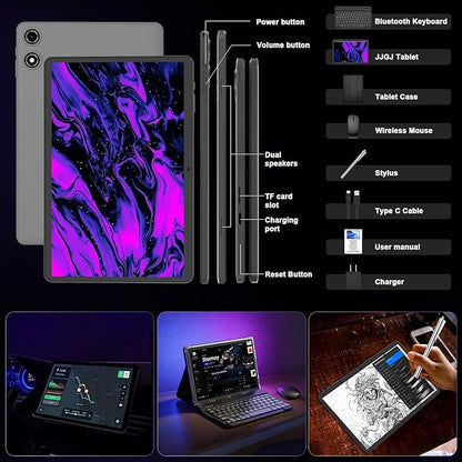 2026 Android 15 Tablet 10 Inch, 26GB+256GB+2TB Expand, 2 in 1 Tablets with Keyboard Case Mouse Stylus, 8000mAh Battery, Octa-Core, Dual Camera, Supports Widevine L1, 5G WiFi, GPS（Black Case）