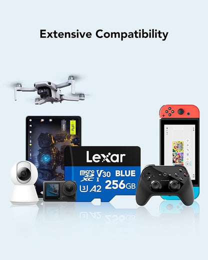 Lexar 256GB 2 Pack Blue Micro SD Card Up to 160MB/s, microSDXC UHS-I Memory Card with SD Adapter, C10, U3, A2, V30, Full HD, 4K UHD, High Speed TF Card