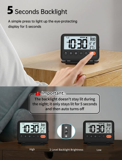 Digital Travel Alarm Clock, Black, 3.54 inch LCD Display, 9-Minute Snooze, 2 Volume Levels, Backlight, Battery Included